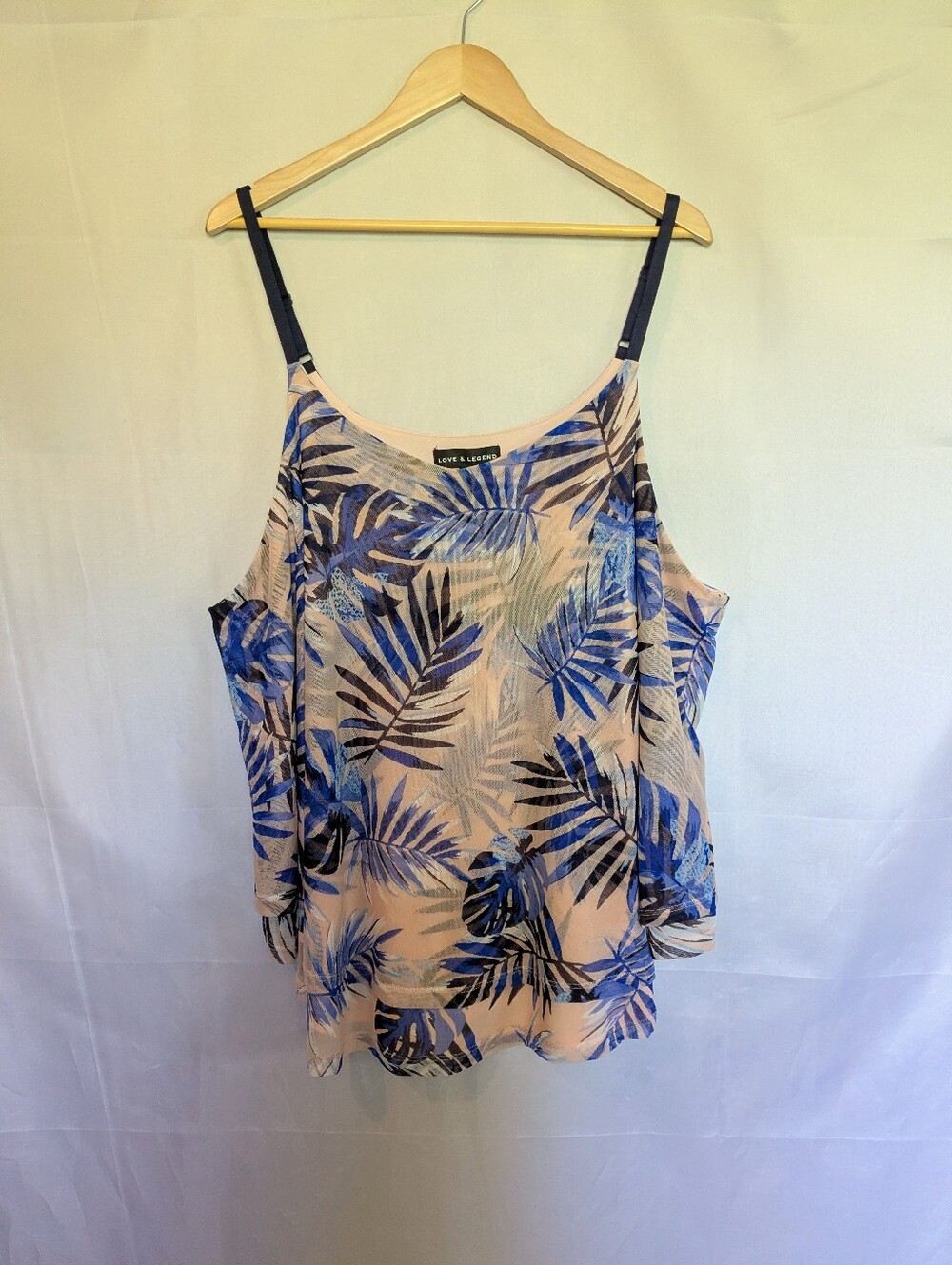 Love & Legend Tropical Leaf Print Layered A-Line Mesh Tank Adjustable Straps 4X
